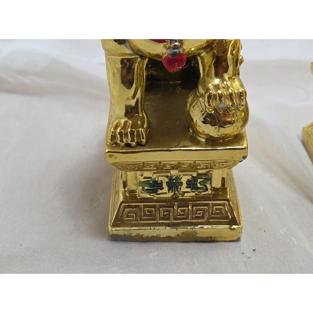 Vtg‎ Pair Chinese Guardian Foo Dogs, gold plated possibly bronze heavy 7